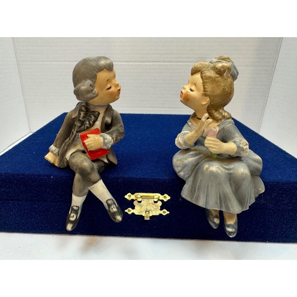 VTG Lefton Americana Shelf Sitter Figurines Boy with Red Book Girl with Flower